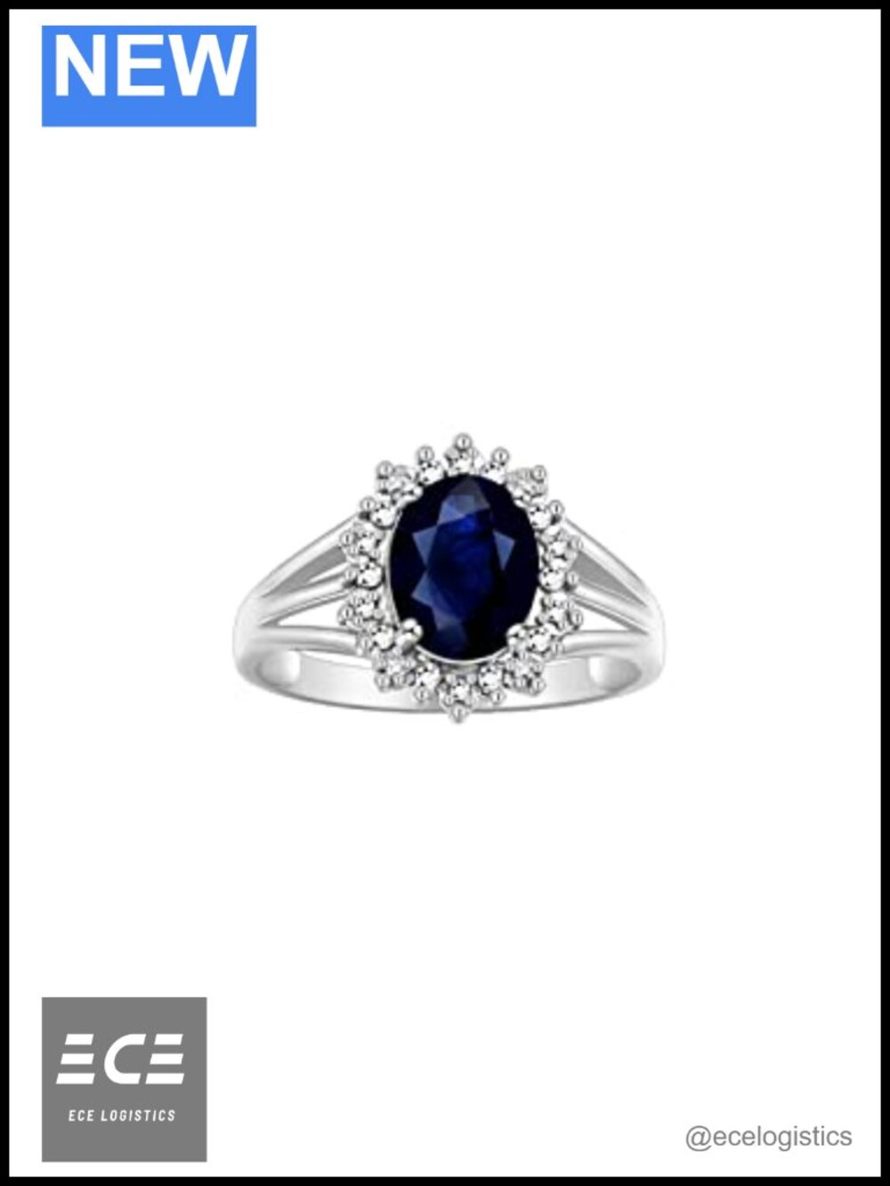 Sterling Silver Princess Diana Inspired Ring 9X7MM Sapphire & Diamond Halo